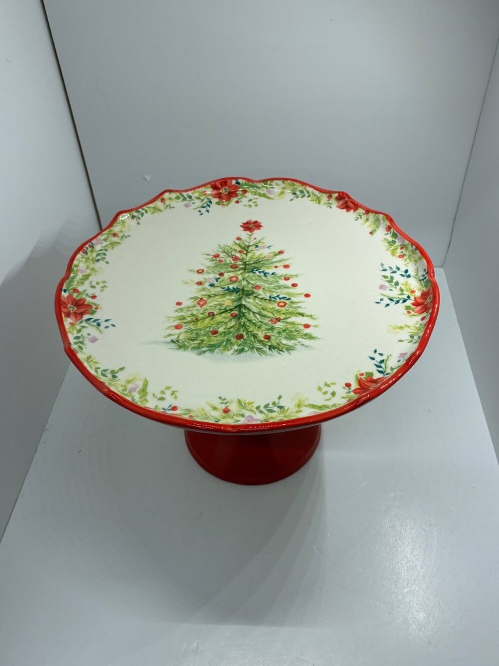 The Pioneer Woman Holiday Cheer Pedestal Cake Stand 10.75" Scalloped Edge Cerami